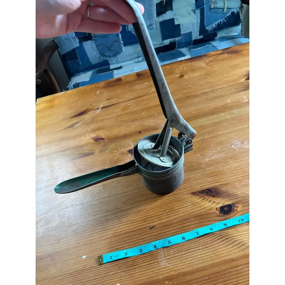 Vintage 1950s Metal Potato Ricer Green Handle Mid Century Modern Kitchen Tool